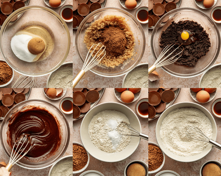 Six images of mixing the wet ingredients and dry ingredients separately before combining.