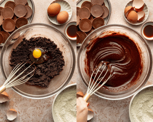 Side-by-side image of adding the eggs and vanilla to the sugar and oil and whisking to combine.