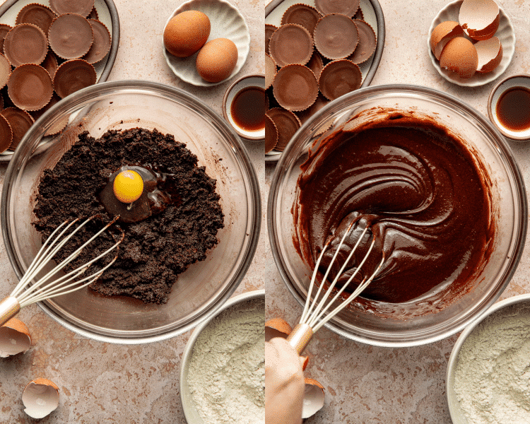 Side-by-side image of adding the eggs and vanilla to the sugar and oil and whisking to combine.