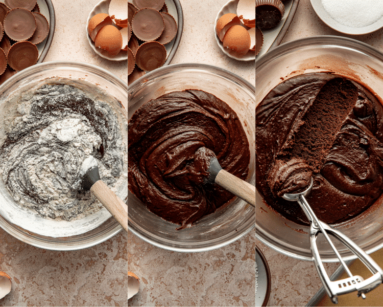 Three images side-by-side showing how to combine the ingredients then chill the dough.