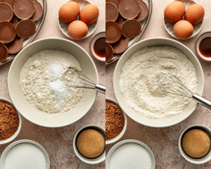 Side-by-side image of whisking the dry ingredients together in a separate bowl.