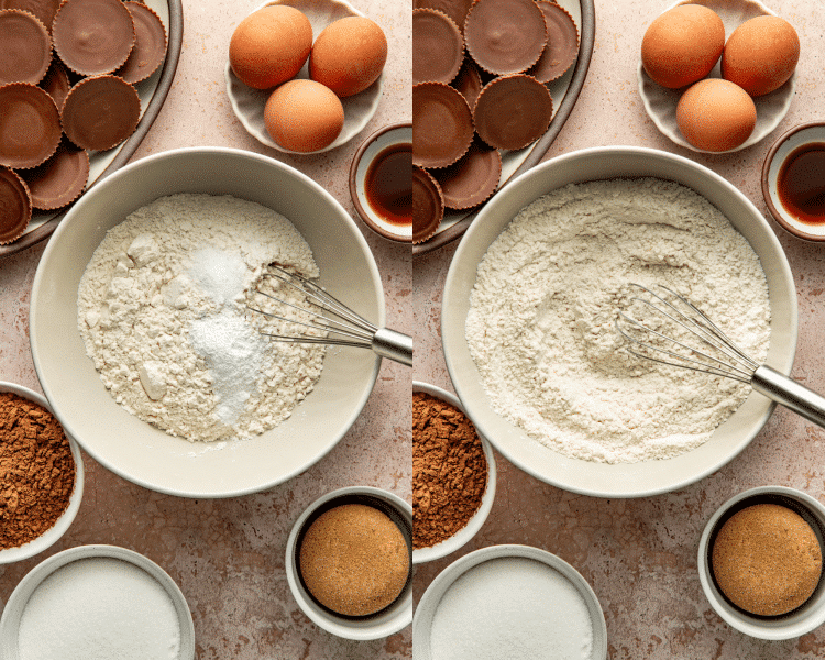 Side-by-side image of whisking the dry ingredients together in a separate bowl.