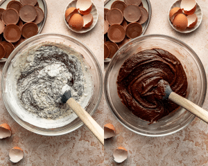Side-by-side image of combining the wet and dry ingredients to make the chocolate cookie dough.