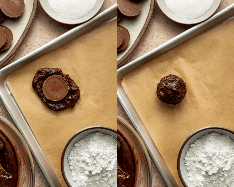 Side-by-side image of stuffing flattened cookie dough with a reese's cup then wrapping the dough around the reese's cup.