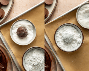 Side-by-side image of rolling a cookie dough ball in granulated sugar first then powdered sugar.