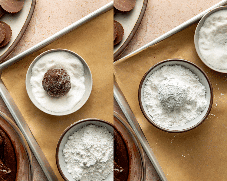 Side-by-side image of rolling a cookie dough ball in granulated sugar first then powdered sugar.