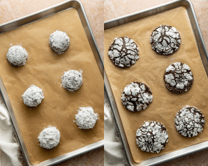 Side-by-side image of six cookie dough balls on a parhcment-lined baking sheet then baked.