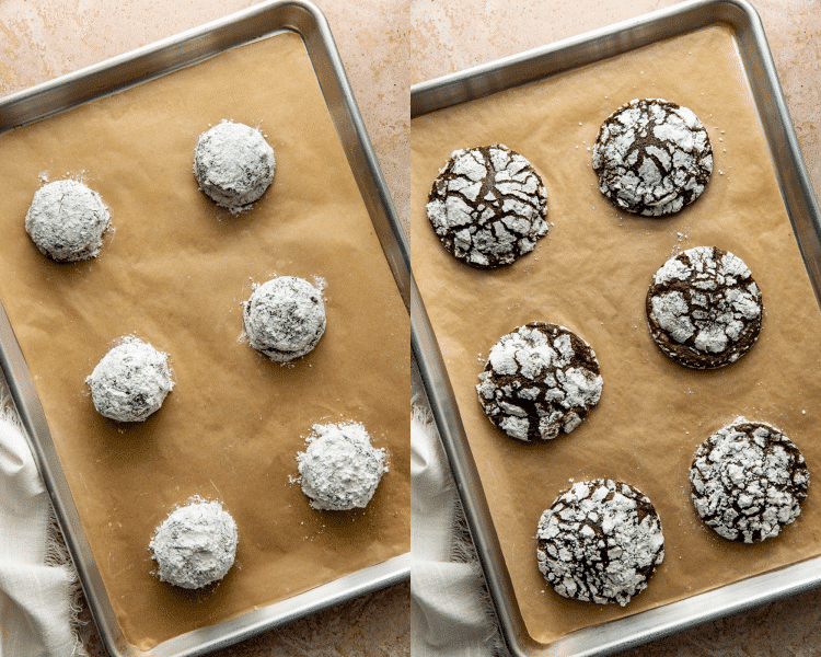 Side-by-side image of six cookie dough balls on a parhcment-lined baking sheet then baked.