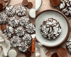 Side-by-side of reese's crinkle cookies cooling on wire rack then one cookie served on a plate.