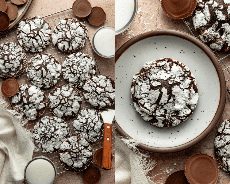 Side-by-side of reese's crinkle cookies cooling on wire rack then one cookie served on a plate.