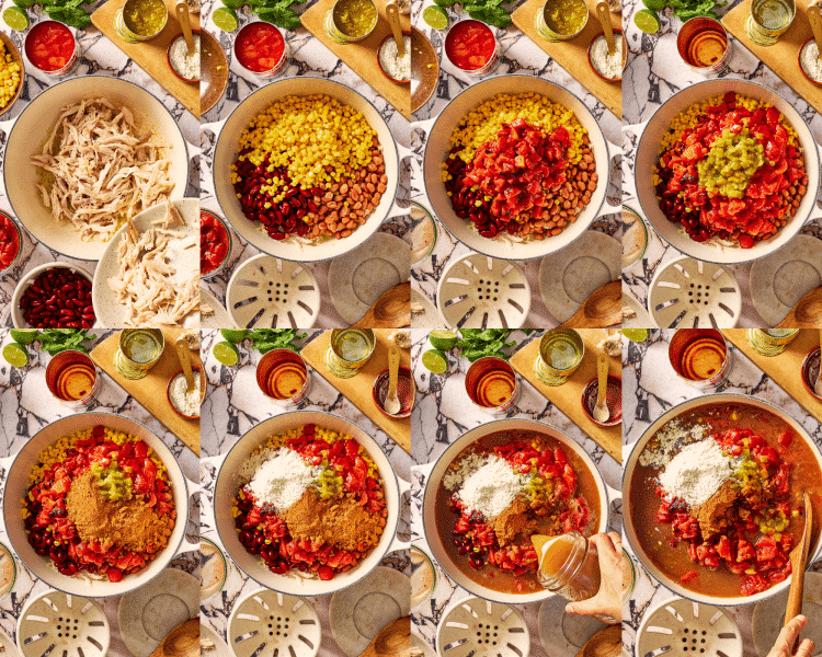 Eight images of adding the rest of the ingredients to the large pot.