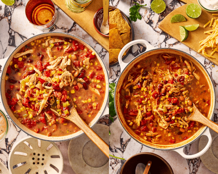 Side-by-side of bringing the soup to a boil after adding the rest of the ingredients and letting it simmer for 15-20 minutes.