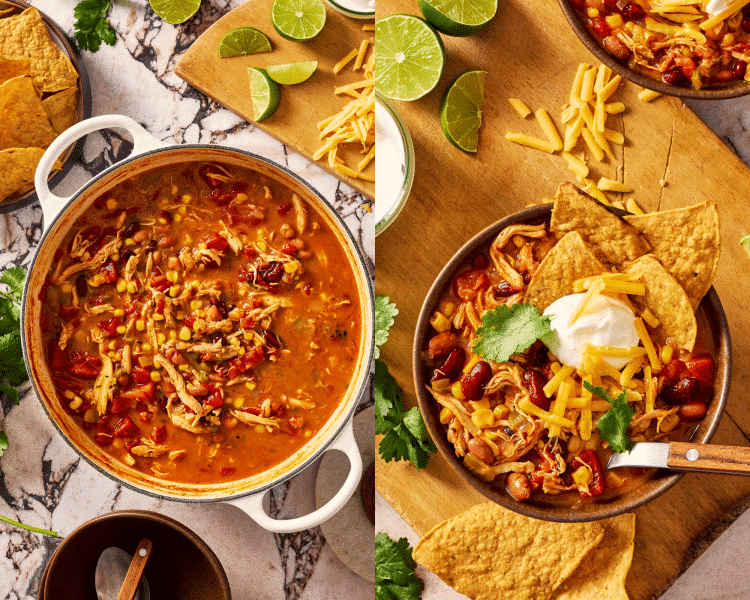 Side-by-side image of soup cooked in large dutch oven then served in a bowl with toppings and tortilla chips.