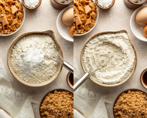 Side-by-side image of whisking the dry ingredients together.