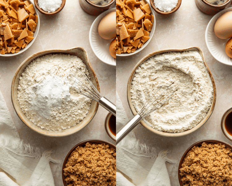 Side-by-side image of whisking the dry ingredients together.