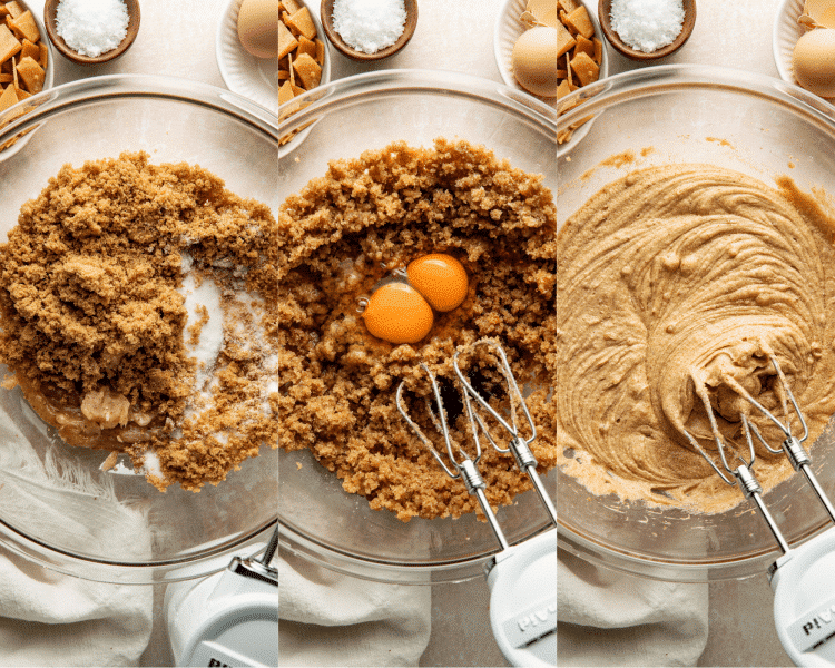 Three images side-by-side of combining the wet ingredients.