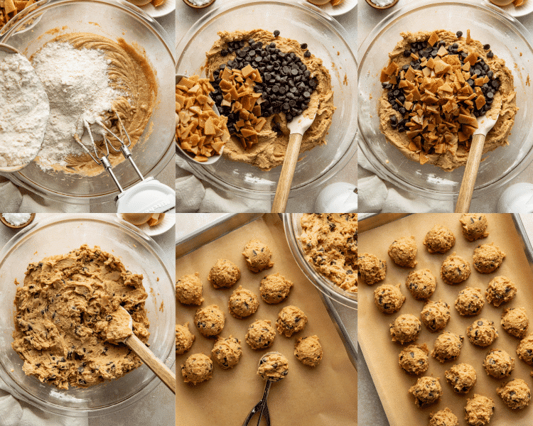 Six images of combing all the ingredients for toffee chocolate chip cookies.