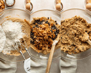 Three images side-by-side of mixing the wet and dry ingredients then adding the mix-ins.