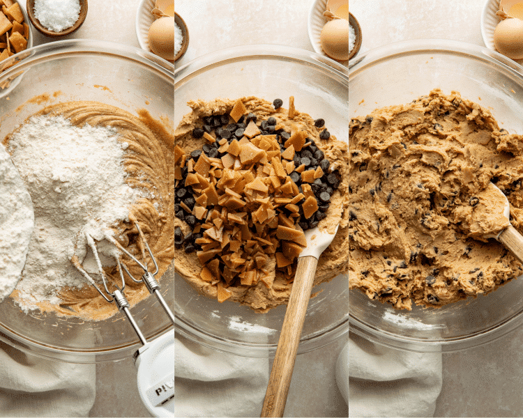 Three images side-by-side of mixing the wet and dry ingredients then adding the mix-ins.