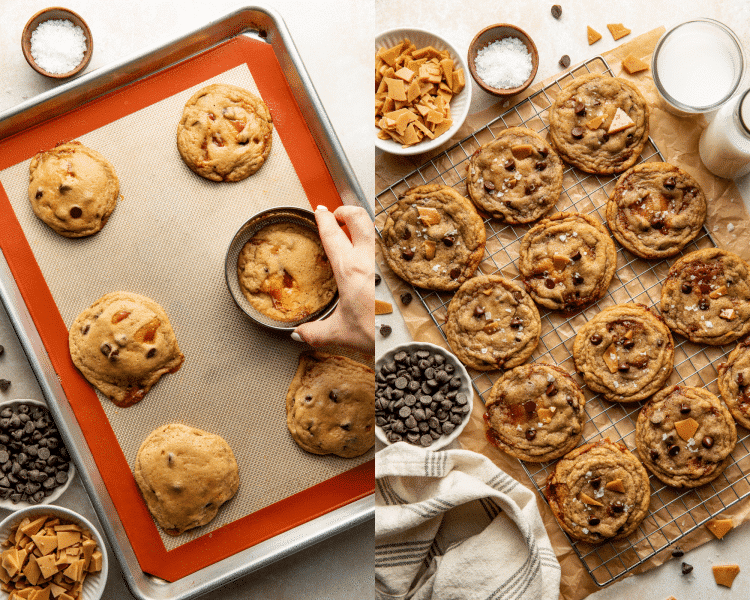 Side-by-side image of cookie scooting toffee chocolate chip cookies then letting finished cookies cool on wire rack.