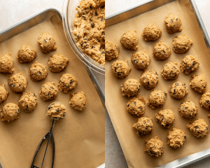 Side-by-side image of scooping cookie dough onto prepared baking sheet then chilling the dough balls for at least 30 minutes.