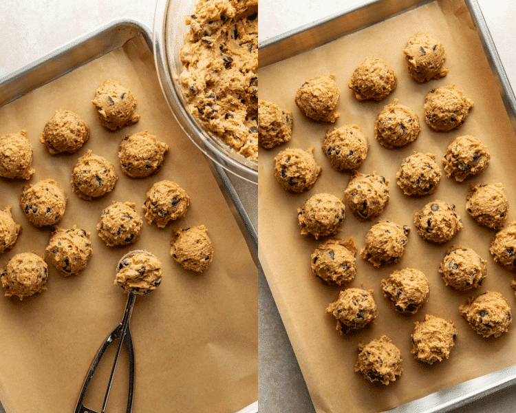 Side-by-side image of scooping cookie dough onto prepared baking sheet then chilling the dough balls for at least 30 minutes.