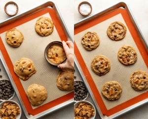 Side-by-side image of cookie scooting the hot cookies as they come out of the oven then garnishing them with extra chocolate chips, toffee pieces and flaky sea salt.