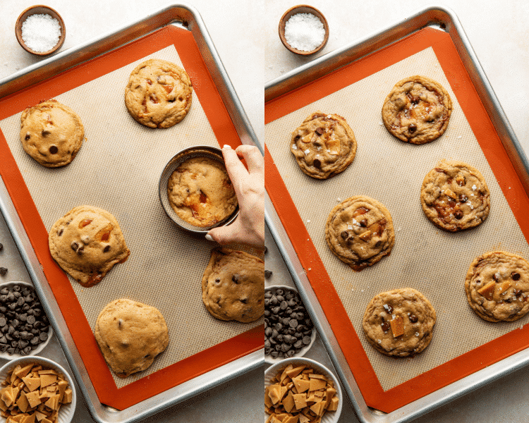 Side-by-side image of cookie scooting the hot cookies as they come out of the oven then garnishing them with extra chocolate chips, toffee pieces and flaky sea salt.