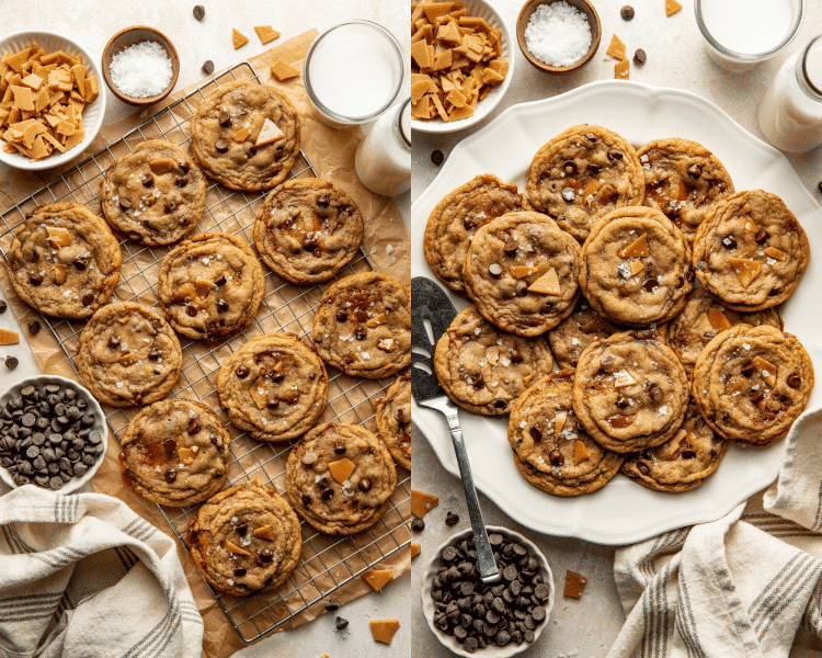 Side-by-side image of letting baked cookies cool on wire rack then serving them on large white plate.