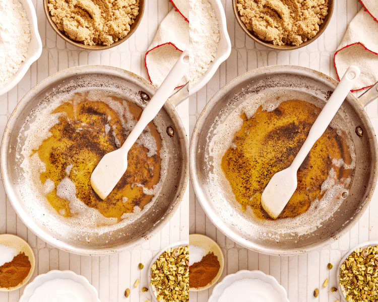 Side-by-side image of browning the butter in a stainless steel skillet.