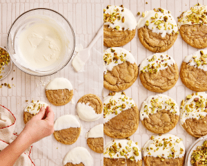 Side-by-side image of garnishing cookies with pistachios after dipping in chocolate then letting set on wax paper before serving.