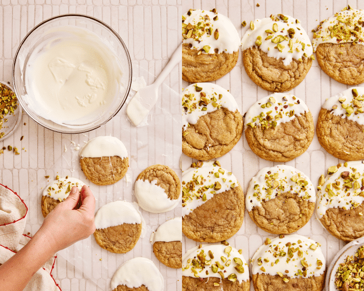 Side-by-side image of garnishing cookies with pistachios after dipping in chocolate then letting set on wax paper before serving.