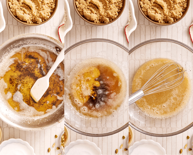 Three images showing how to brown the butter, then add the milk and whisk together.