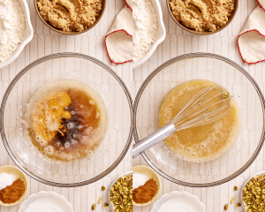 Side-by-side image of adding the milk to the slightly cooled brown butter and whisking to combine.