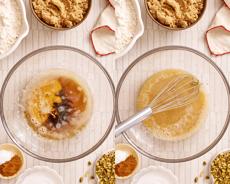 Side-by-side image of adding the milk to the slightly cooled brown butter and whisking to combine.