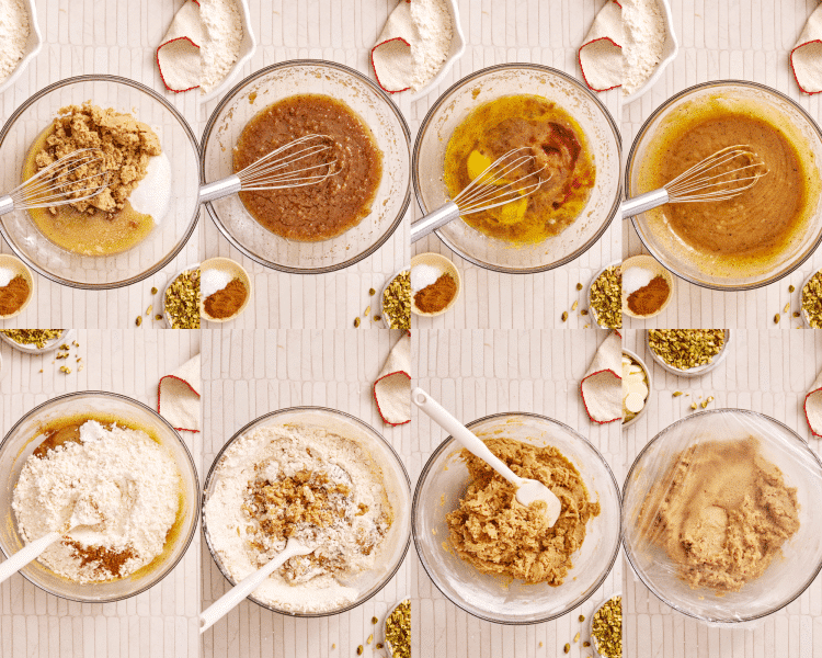 Eight images showing how to to make the cookie dough for brown butter sugar cookies.