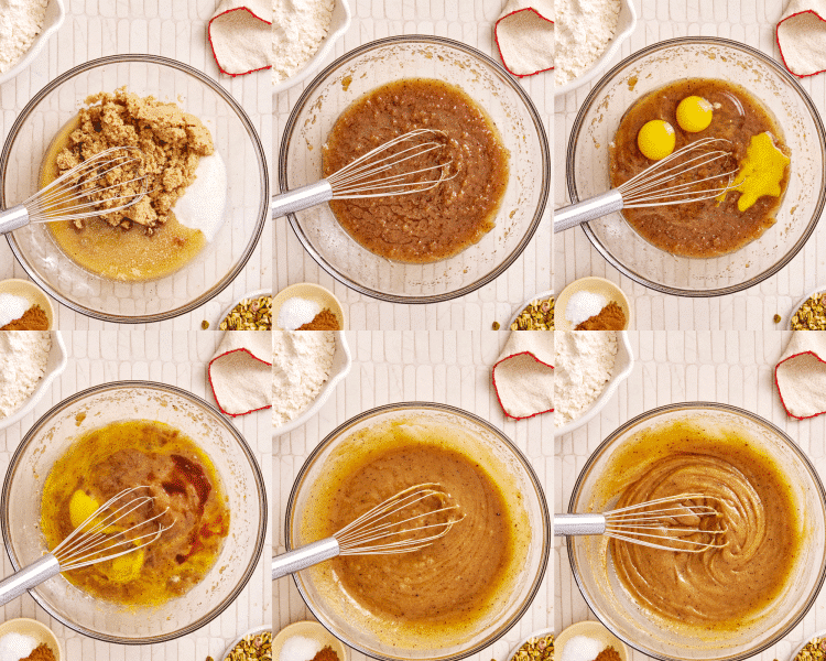 Six images of mixing the wet ingredients together.