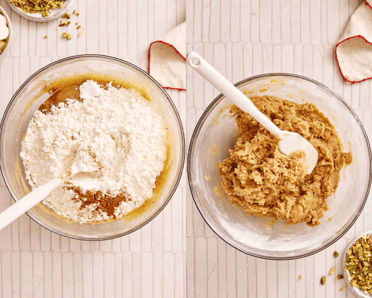Side-by-side image of adding the dry ingredients to the wet ingredients and mixing until the dough forms.