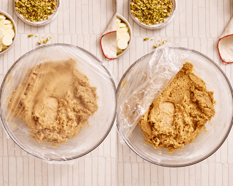 Side-by-side of covering the cookie dough and letting it chill for 20-30 minutes.