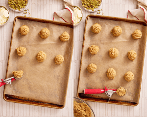Side-by-side of scooping the chilled cookie dough onto a parchment lined baking sheet.