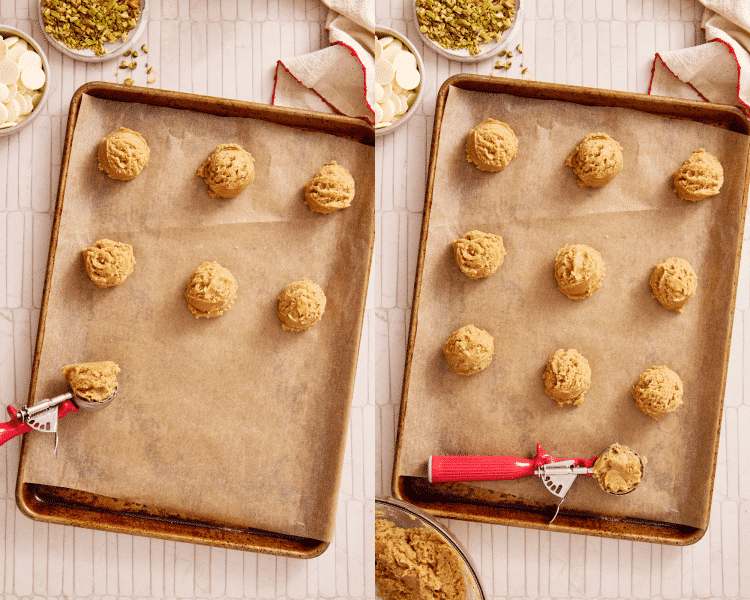 Side-by-side of scooping the chilled cookie dough onto a parchment lined baking sheet.