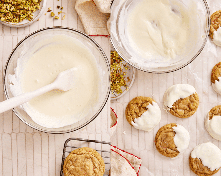 Side-by-side image of melting the white chocolate wafers in a glass bowl then dipping the cookies in halfway and setting them on a piece of wax paper to set.