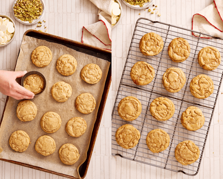 Side-by-side image of using a round cookie cutter to cookie scoot the cookies after coming out of the oven then setting them on a wire rack to cool completely.