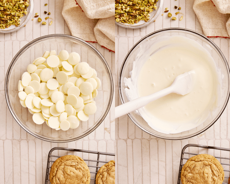 Side-by-side of melting white chocolate melting wafers in a glass mixing bowl and stirring.