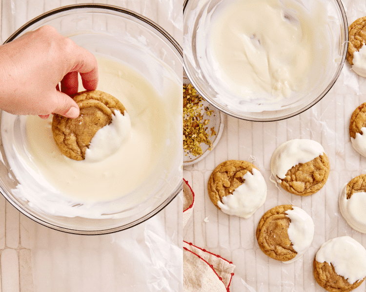 Side-by-side image of dipping cookie into white chocolate then setting on wax paper.