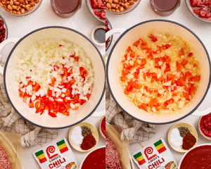 Side-by-side of adding the diced onion and bell pepper to large dutch oven with olive oil.