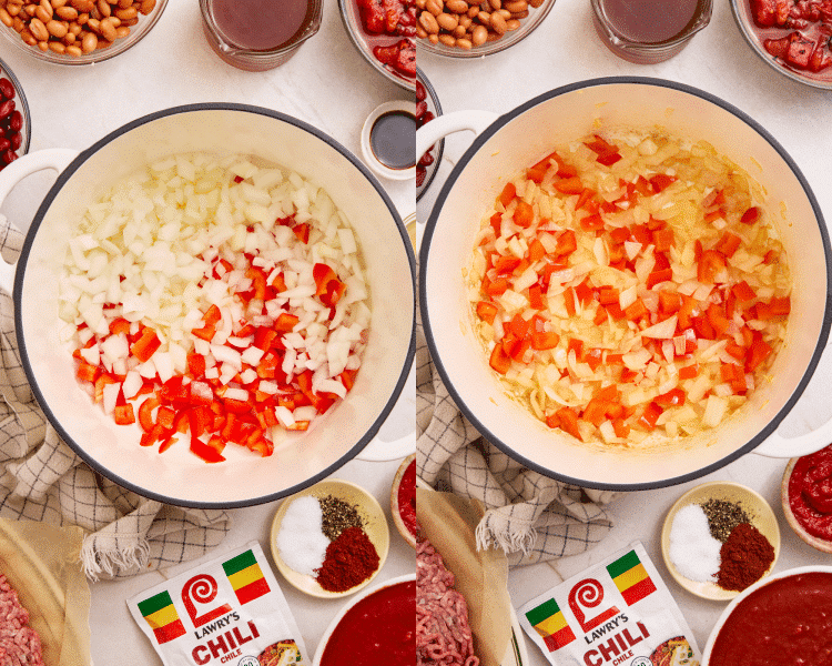Side-by-side of adding the diced onion and bell pepper to large dutch oven with olive oil.