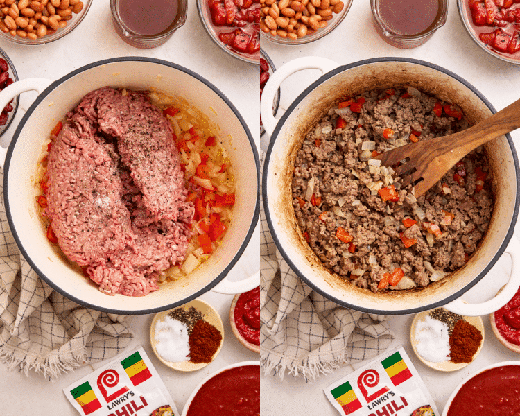 Side-by-side of browning the beef with the cooked onion and bell pepper.