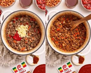 Side-by-side of adding the garlic and tomato paste to cooked beef and veggies and stirring to let cook for a few minutes.