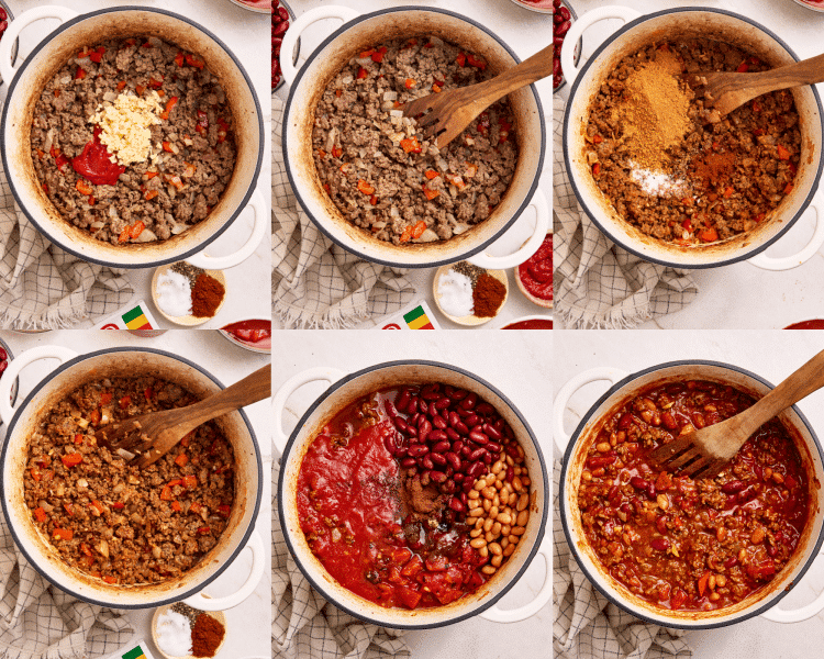 Six images showing how to build the chili after cooking the veggies and beef.